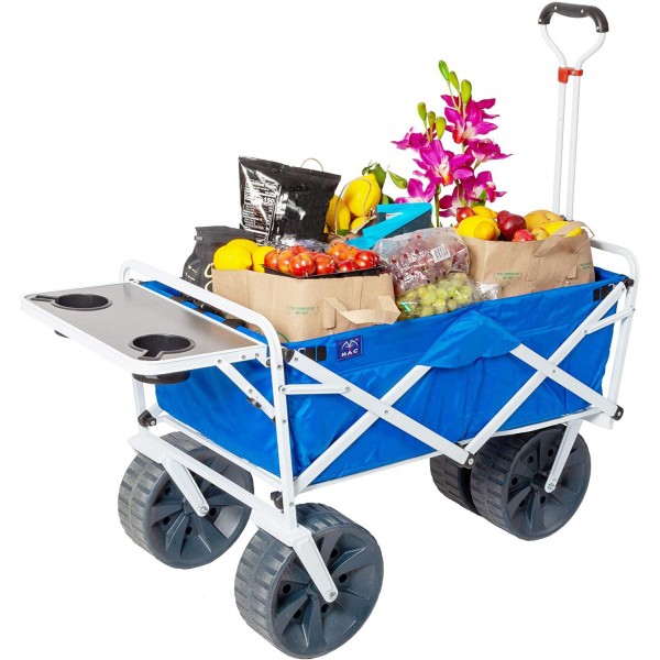 MacSports Heavy Duty Collapsible Folding All Terrain Utility Wagon Cart with Side Table, Blue/White
