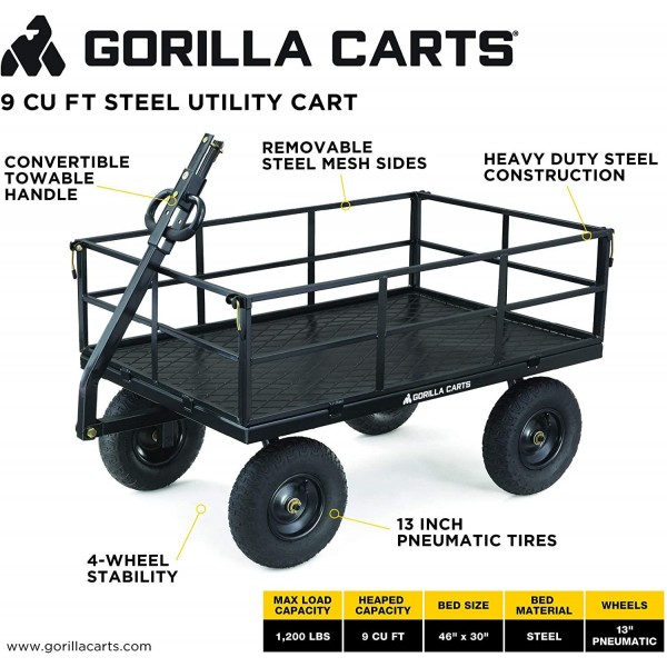 Gorilla Carts GOR1200-COM Heavy-Duty Steel Utility Cart with Removable Sides and 13