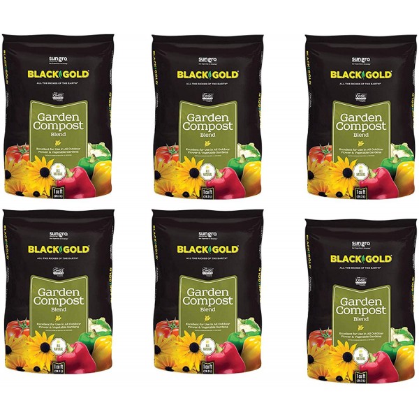 SunGro Black Gold Outdoor Natural and Organic Garden Compost Blend Potting Soil Fertilizer Mix for Outdoor Plants, 1 Cubic Foot Bag (6 Pack)