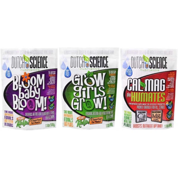 Dutch Science Nutrients Trio Plus Pack - Grow Girls Grow (1.1 lb), Bloom Nutrients (1.1 lb), Cal-Mag Plus Humates (1.1 lb) for Full Cycle Grows