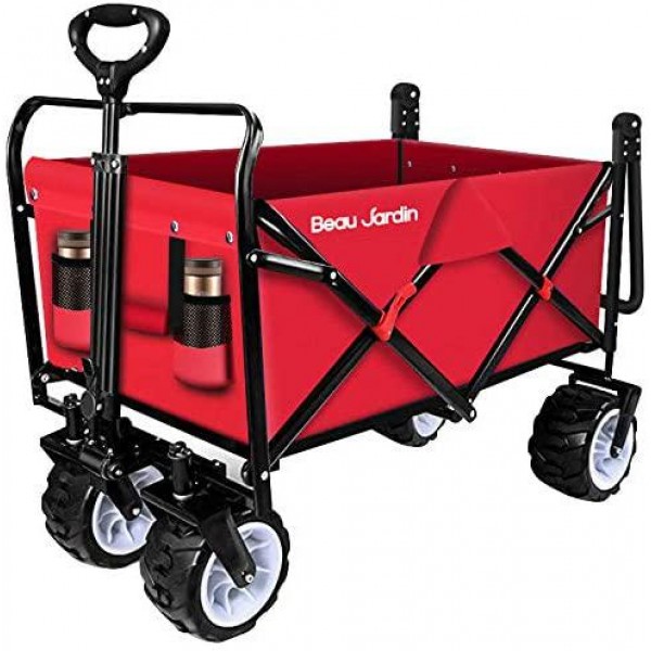 BEAU JARDIN Folding Push Pull Wagon Collapsible Cart 300 Pound Capacity Utility Camping Grocery Canvas Sturdy Portable Buggies Outdoor Garden Sport Heavy Duty Shopping Beach Wide All Terrain Wheel Red