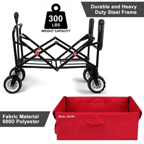 BEAU JARDIN Folding Push Pull Wagon Collapsible Cart 300 Pound Capacity Utility Camping Grocery Canvas Sturdy Portable Buggies Outdoor Garden Sport Heavy Duty Shopping Beach Wide All Terrain Wheel Red