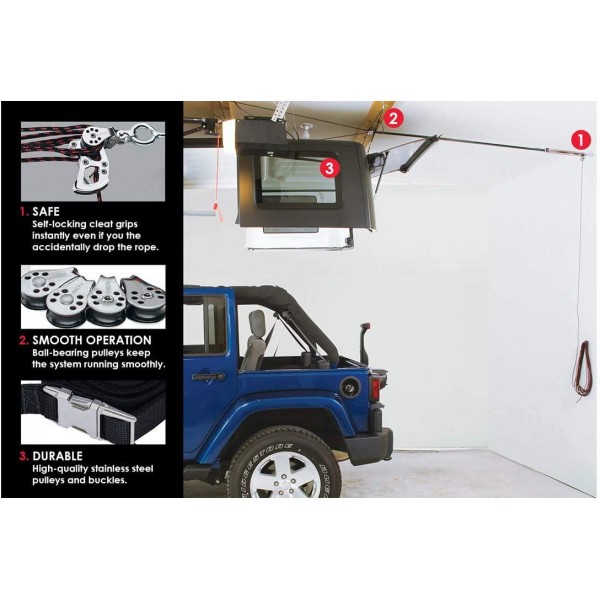 HARKEN Hardtop Overhead Garage Storage Hoist for Jeep Wrangler and Gladiator | Bonus 6 T Knobs for Quick Hardtop Removal | 6:1 Mechanical Advantage