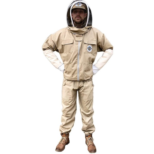 Honey Bee Safe Tan Beekeeper Suit 100% Cotton Khaki Beekeeping Jacket and Cargo Pants Combo with Detachable Hooded Veil Beekeepers Supple Leather Gloves (XLarge)