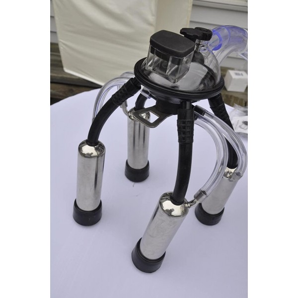 Complete Portable Cow Bucket Milker:w/5.5CFM 3/4HP Oilless Vacuum Pump/Mobile Vacuum Base/Gauge+Pressure Regulator Control 25L SS Pail/Pulsator/Claw Cluster Clear PVC Hoses