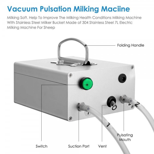 SEAAN 7L Milking Machine Electric Vacuum Pulsation Suction Pump Milker Machine for Cow Goat Sheep Livestock Household Domestic Farm Stainless Steel Bucket Milking Device