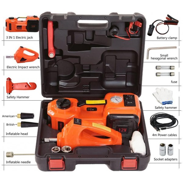 GOGOLO 5.0T(11000lb) Electric Car Hydraulic Floor Jack 12V DC, 3 in 1 with Inflator Pump & Flashlight & Impact Wrench for Tire Change and Road Emergency for Car, SUV, Pick Up, Van