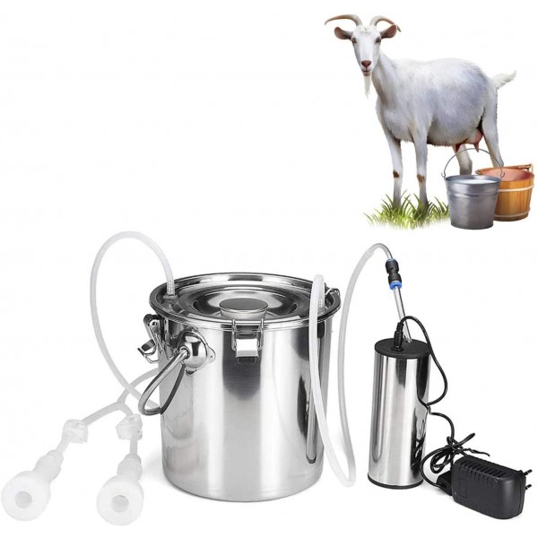 QHWJ 5L Goat Cow Milking Machine Electric Milking Pump Stainless Steel Milk Barrel Vacuum Milker Kit with 2 Teat Cups and Cleaning Brush,Goat