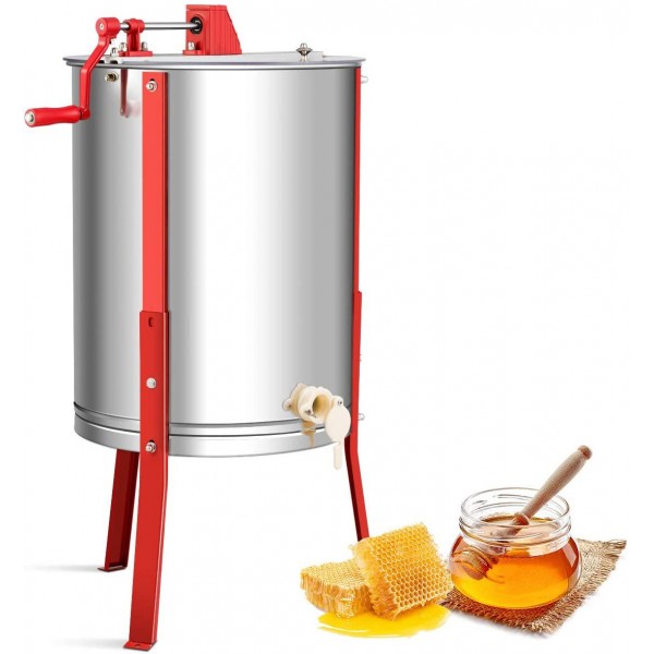 Goplus 4 Frame Honey Extractor, Manual Honey Separator, Stainless Steel Frame with Adjustable Height Support, Beekeeping Equipment (Silver)