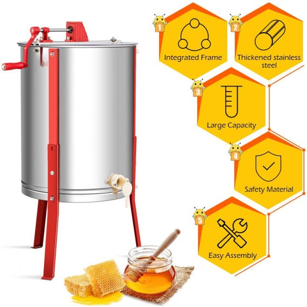 Goplus 4 Frame Honey Extractor, Manual Honey Separator, Stainless Steel Frame with Adjustable Height Support, Beekeeping Equipment (Silver)