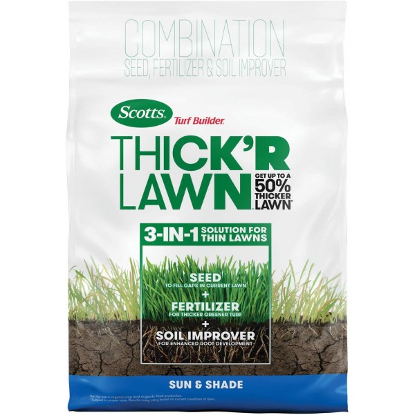 Scotts Turf Builder Thick'R Lawn Sun & Shade - 3 in 1 Lawn Fertilizer, Seed, & Soil Improver for a Thicker, Greener Lawn, Seeds Up to 4,000 Sq Ft, 40 Lb