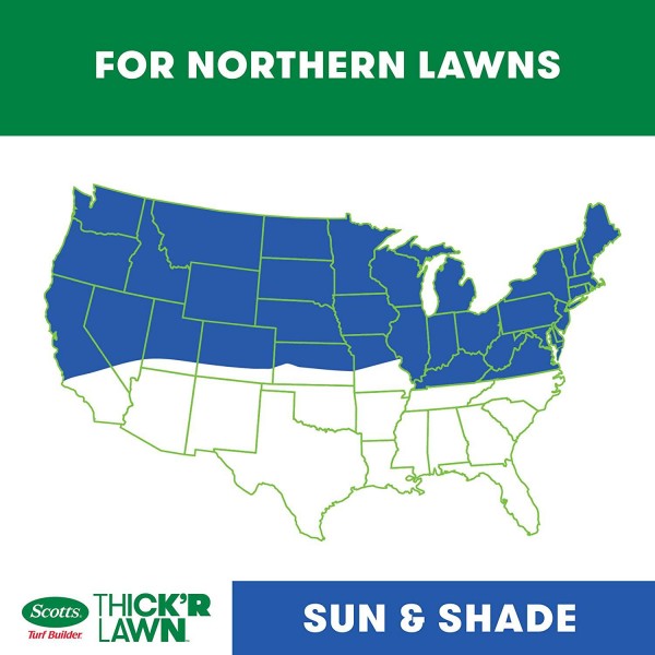 Scotts Turf Builder Thick'R Lawn Sun & Shade - 3 in 1 Lawn Fertilizer, Seed, & Soil Improver for a Thicker, Greener Lawn, Seeds Up to 4,000 Sq Ft, 40 Lb