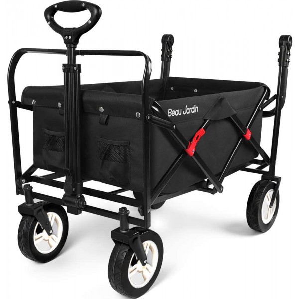 BEAU JARDIN Folding Push Wagon Cart Collapsible Utility Camping Grocery Canvas Fabric Sturdy Portable Rolling Lightweight Buggies Outdoor Garden Sport Heavy Duty Shopping Cart Wagons With Wheels Black