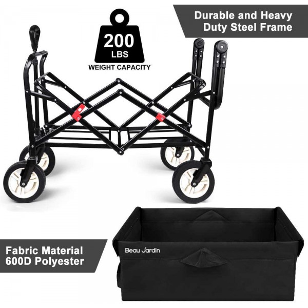 BEAU JARDIN Folding Push Wagon Cart Collapsible Utility Camping Grocery Canvas Fabric Sturdy Portable Rolling Lightweight Buggies Outdoor Garden Sport Heavy Duty Shopping Cart Wagons With Wheels Black