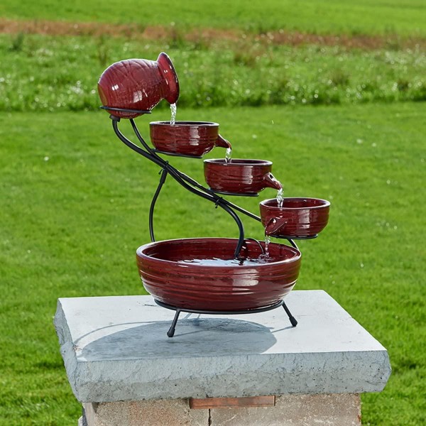 Smart Solar 23941R01 Ceramic Solar Cascade Fountain, Lava Red Finish, Powered by Included Separate Solar Panel, No Operating Costs or Wiring Required