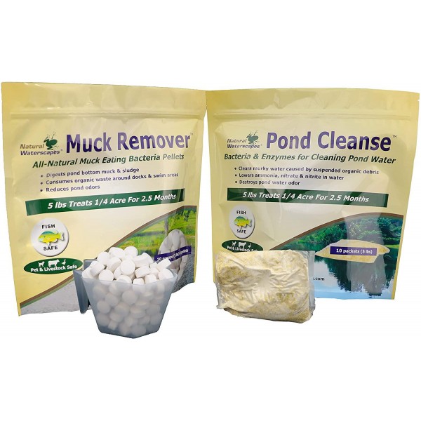 Natural Pond Cleaner Pack | Pond Clarifier Packets & Muck Reducer pellets | 1/4 Acre Pond Treatment