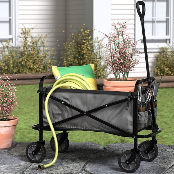 Basics Garden Tool Collection - Collapsible Folding Outdoor Garden Utility Wagon with Cover Bag, Grey