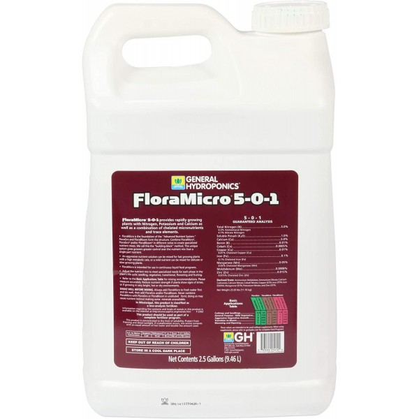 General Hydroponics HGC718130 FloraMicro 5-0-1, Use with FloraBloom & FloraGro for A Tailor-Made Nutrient Mix Ideal for Hydroponics, 2.5 Gallon, Brown/A