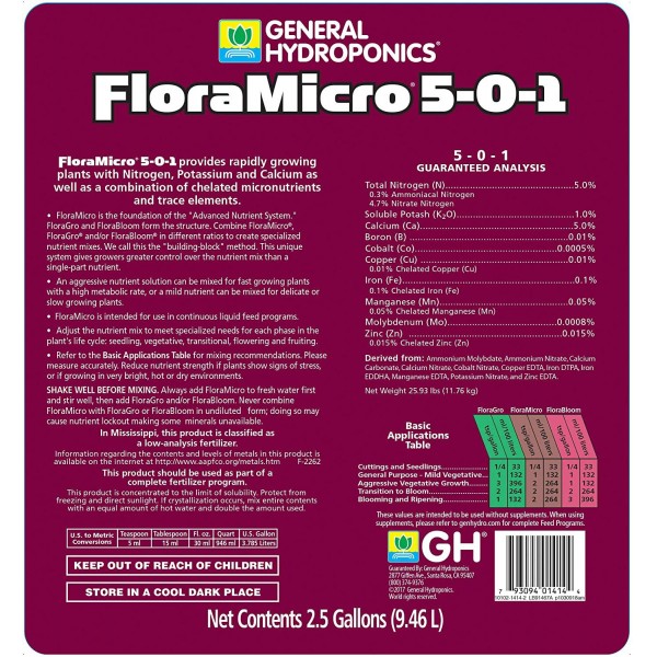 General Hydroponics HGC718130 FloraMicro 5-0-1, Use with FloraBloom & FloraGro for A Tailor-Made Nutrient Mix Ideal for Hydroponics, 2.5 Gallon, Brown/A