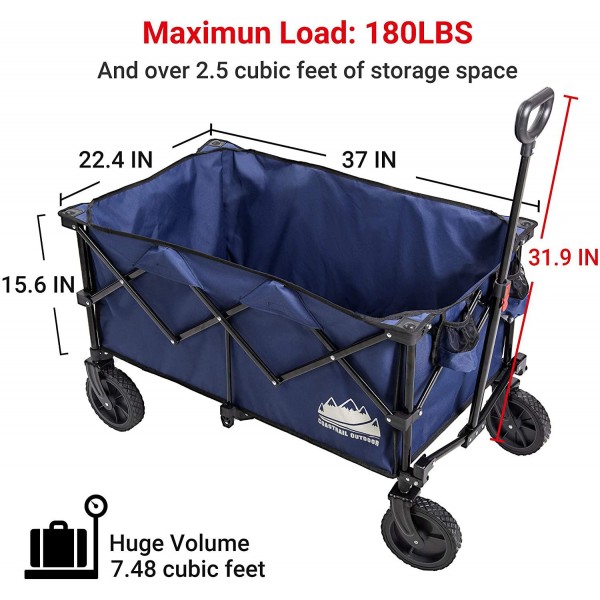 Coastrail Outdoor Collapsible Folding Wagon Utility Garden Cart 180lbs Heavy Duty All Terrain Universal Wheels & Telescoping Handle for Camping Grocery Sports Shopping, Navy Blue