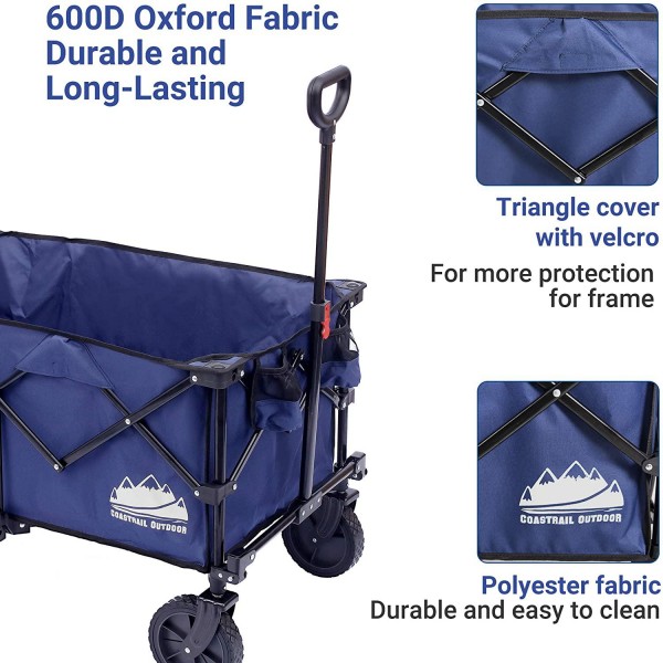Coastrail Outdoor Collapsible Folding Wagon Utility Garden Cart 180lbs Heavy Duty All Terrain Universal Wheels & Telescoping Handle for Camping Grocery Sports Shopping, Navy Blue