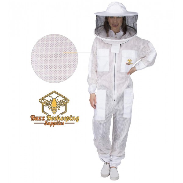 Ventilated Beekeeping Suit & Goatskin Gloves & Bee Family Stickers - YKK Metal Zippers - Men & Women - Total Protection - Self-Supporting Round Veil - Easily Take On & Off - 8 Pockets (Small)