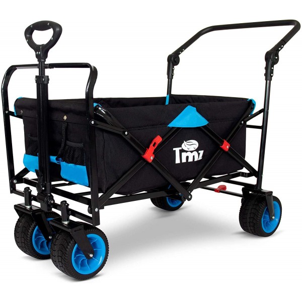 TMZ All Terrain Wide Wheel Utility Folding Wagon, Collapsible Garden Cart, Heavy Duty Beach Wagon Trolley with Adjustable Push Handle and Brake, 90 L Storage, Load of 120KG(Black/Blue)