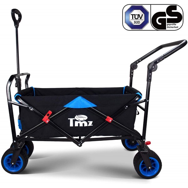 TMZ All Terrain Wide Wheel Utility Folding Wagon, Collapsible Garden Cart, Heavy Duty Beach Wagon Trolley with Adjustable Push Handle and Brake, 90 L Storage, Load of 120KG(Black/Blue)