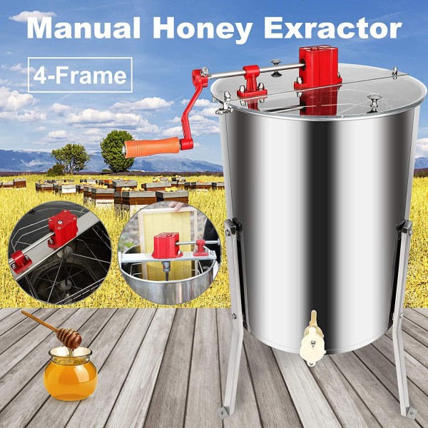 Tolsous Manual Honey Extraction Equipment Stainless Steel Bee Honey Extractor Stainless Steel 4 Frame Beekeeping Equipment Honey Shaker