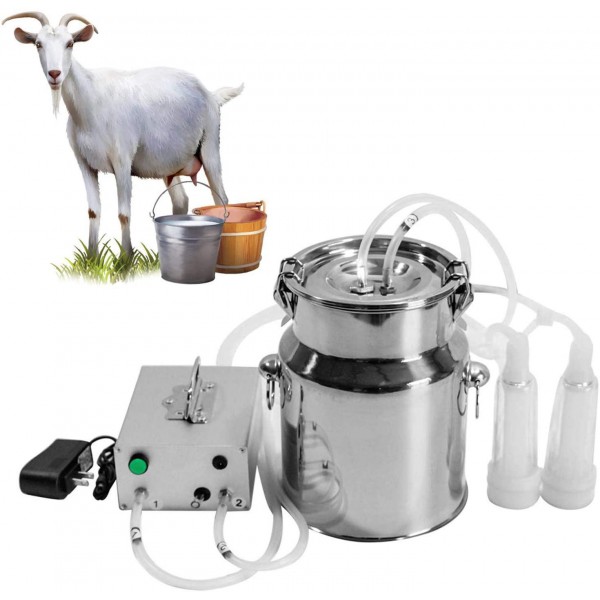 QHWJ Goats Milker Machine, Pulsating Electric Vacuum Goat Sheep Ewes Family Farm Milking Kit with 7L Stainless Steel Milk Barrel, 2 Teat Cups and Cleaning Brush
