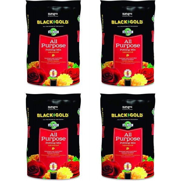 SunGro Black Gold All Purpose Potting Soil Fertilizer Mix for House Plants, Vegetables, Herbs and More, 2 Cubic Feet Bag (4 Pack)