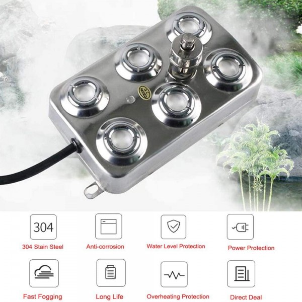SKYTOU Mist Maker Fogger, 6 Head Ultrasonic Fog Machine 304 Stainless Steel with Transformer for Greenhouse Garden Lawn and Pond
