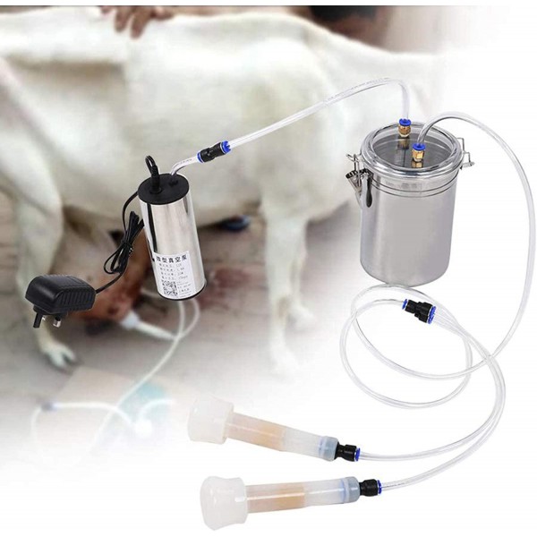 QHWJ Goat Sheep Milking Machine, Electric Portable Vacuum Milker Kit with 2L Stainless Steel Milk Barrel, 2 Teat Cups and Cleaning Brush