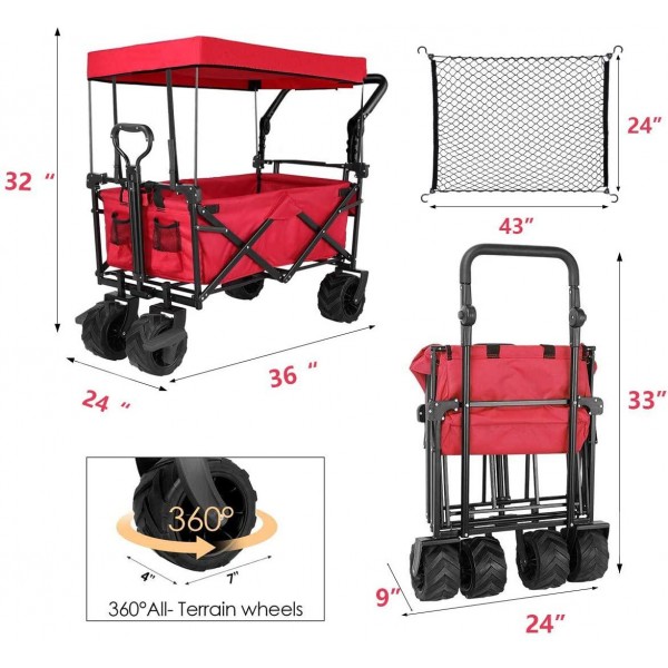 Tintonlife Push and Pull Collapsible Utility Wagon, Heavy Duty Folding Wagon Cart with Removable Canopy&Brakes, 7“ All-Terrain Wheels, Adjustable Cart Handles for Shopping, Picnic, Beach, Camping Red