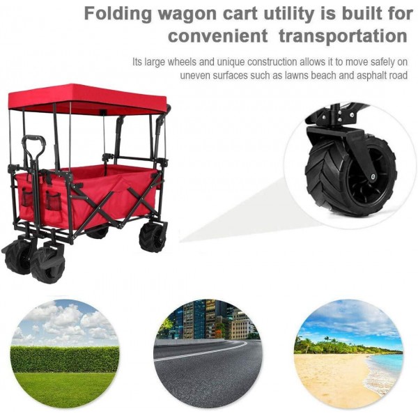 Tintonlife Push and Pull Collapsible Utility Wagon, Heavy Duty Folding Wagon Cart with Removable Canopy&Brakes, 7“ All-Terrain Wheels, Adjustable Cart Handles for Shopping, Picnic, Beach, Camping Red
