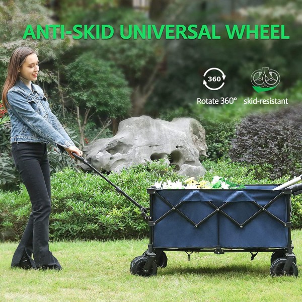 VIVOSUN Folding Collapsible Wagon Utility Outdoor Camping Beach Cart with Universal Wide Wheels & Adjustable Handle, Blue