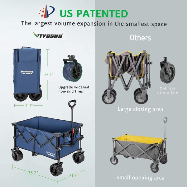 VIVOSUN Folding Collapsible Wagon Utility Outdoor Camping Beach Cart with Universal Wide Wheels & Adjustable Handle, Blue