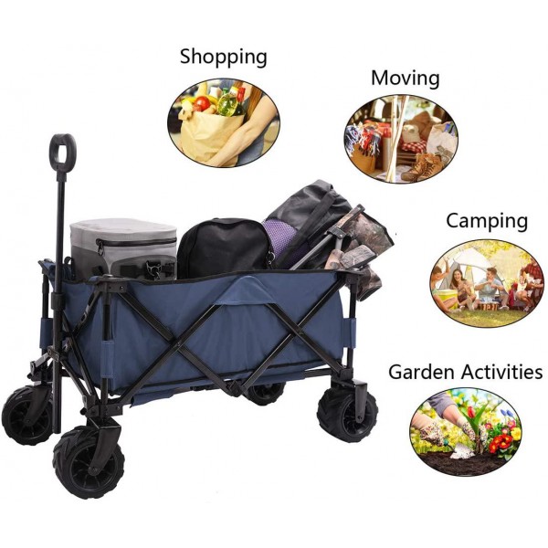 Patio Watcher Collapsible Folding Utility Wagon Cart Outdoor Garden Beach Wagon Camping Shopping Sports Portable Wagon with All Terrain Wheels Large Capacity Heavy Duty, Blue
