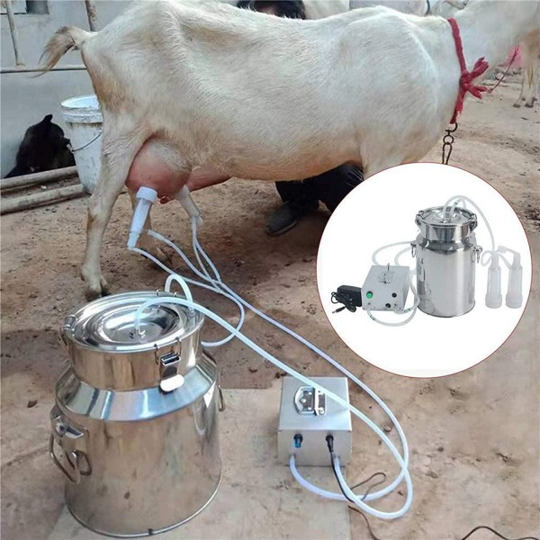 QHWJ 7L Goat Milking Machine Electric Vacuum Pulsation Sheep Milker Machine, Milking Kit with Stainless Steel Milk Barrel, 2 Teat Cups and Cleaning Brush