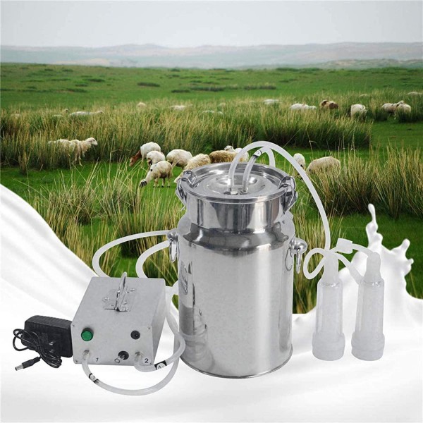 QHWJ 7L Goat Milking Machine Electric Vacuum Pulsation Sheep Milker Machine, Milking Kit with Stainless Steel Milk Barrel, 2 Teat Cups and Cleaning Brush