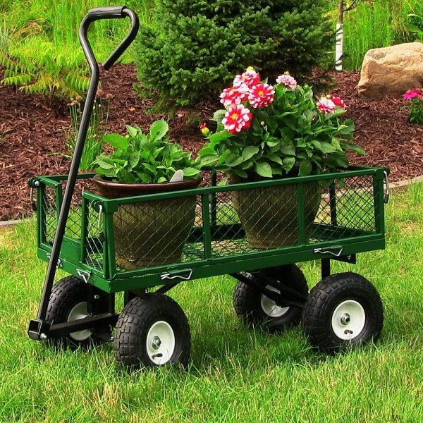 Sunnydaze Utility Steel Garden Cart, Outdoor Lawn Wagon with Removable Sides, Heavy-Duty 400 Pound Capacity, Green
