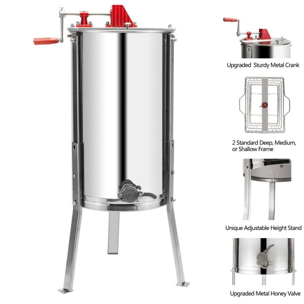 VINGLI 2 Frames Manual Honey Extractor Separator, Food Grade Stainless Steel Honeycomb Spinner Drum Crank by Hand with Adjustable Height Stands, Beekeeping Pro Extraction Apiary Centrifuge Equipment