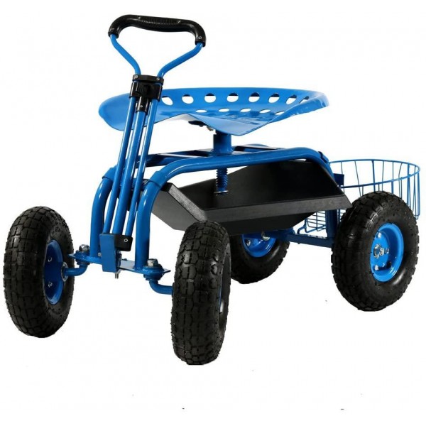 Sunnydaze Garden Cart Rolling Scooter with Extendable Steer Handle, Swivel Seat & Utility Tool Tray, Blue