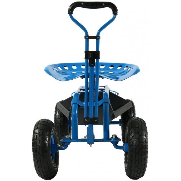Sunnydaze Garden Cart Rolling Scooter with Extendable Steer Handle, Swivel Seat & Utility Tool Tray, Blue