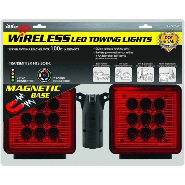 Bully NV-5164 Wireless Trailer Red LED Light Kit with Magnetic Base for RV, Campers, Boats, Farming Equipment, Long Trailers, and Tow Trucks - Requires 12AA Battery