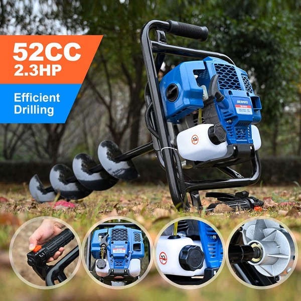 WEMARS Post Hole Digger 52CC Earth Auger Gas Powered Garden Auger 2 Stroke Gas One Man Auger Planter for Digging Holes with Two Drill Bit 6