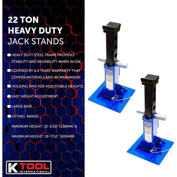 K Tool International 22 Ton Heavy Duty Jack Stands Pair, Pin Style Lock, 10