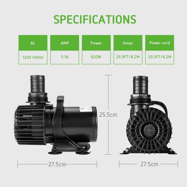 VIVOSUN 9000GPH Submersible Water Pump 620W Ultra Quiet Pump with 20.3ft Power Cord High Lift for Pond Waterfall Fish Tank Statuary Hydroponic