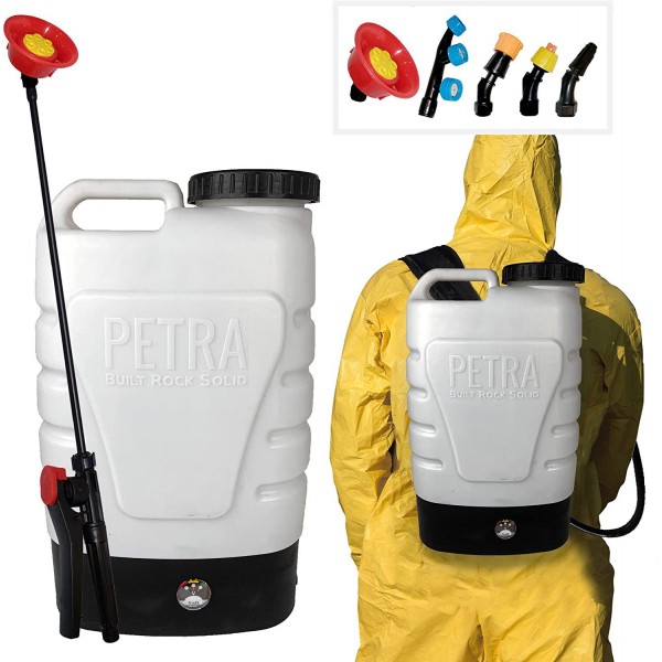 PetraTools 3-Gallon Battery Powered Backpack Sprayer – Extended Spray Time Long-Life Battery - New HD Wand Included, Wide Mouth Lid, Comes with Multiple Nozzles & Battery Included, 65+ PSI