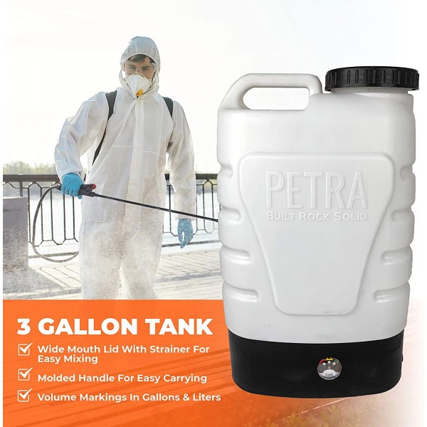 PetraTools 3-Gallon Battery Powered Backpack Sprayer – Extended Spray Time Long-Life Battery - New HD Wand Included, Wide Mouth Lid, Comes with Multiple Nozzles & Battery Included, 65+ PSI